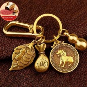 Brass Chinese Zodiac Horse Keychain with Lucky Wealth Talisman & Cinnabar Gourd Auspicious Ornament for Daily Wear