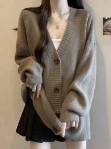 Khaki Knitting Cardigan Outwear Womens Autumn and Winter Outwear Fashion Loose Western Style Slimming V-Neckline Lazy Sweater