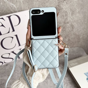 Luxury Crossbody Lanyard Rhombus Pattern PU Leather Phone Case For Samsung Galaxy Z Flip 8 7 FE 6 5 4 5G Hinge Protector Cover