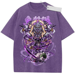 Bandai | Vintage Washed T-Shirt One Piece Anime Luffy Sun God Nika Gear 5 Print Oversized Streetwear for Casual Daily Campus