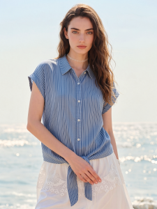 Basic House | Tencel Striped Polo Collar Summer Office-friendly Tie Flounce Shirt