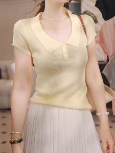 Shalldoer | Áo thun polo ngắn ôm vừa vặn phong cách Hàn Quốc cho nữ mùa hè cổ polo tay lửng dệt kim màu trơn không mũ