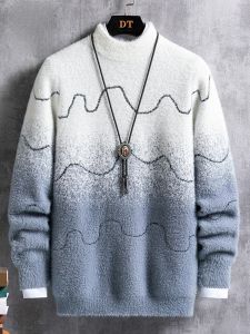 ROMON | Lormen Mens Semi-High Collar Sweater Autumn Winter Fashion Gradient Color Loose Casual Mink Knitted Base Shirt