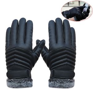 1pair Men Touches Screen Gloves Winter Warm Five Finger Wrist Gloves Cut Wool Thicken Pu Leather Gloves For Outdoor Cycling