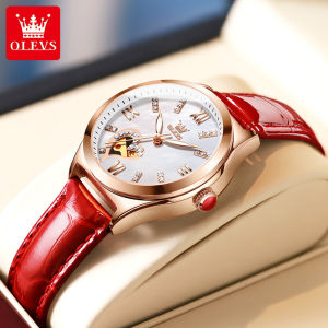 OLEVS Ladies Watch Diamond Set Waterproof Luminous Automatic Mechanical Movement Leather Strap Casual Cute Korean Style