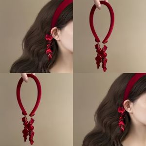 Retro Luxury Red Petal Tassel Hairband Womens New 2025 Velvet High Hairline Headband Hair Accessories Womens Bun Maker