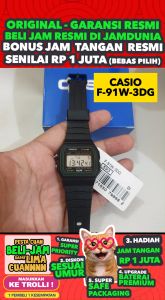 Jam Tangan Pria Anti Air CASIO F-91W-3DG: Panduan Lengkap\\n\\n Keunggulan Jam Tangan Pria Anti Air CASIO F-91W-3DG\\n\\n Keindahan Desain\\nJam tangan pria anti air CASIO F-91W-3DG menawarkan desain yang modern dan elegan. Band jam tangan resin hitam dengan detail digital-analog membuatnya menjadi pilihan sempurna untuk pria yang mencari jam tangan yang dapat dipakai sehari-hari dan sesuai dengan gaya mereka. \\n\\n Fungsi Jam Dunia\\nJam tangan CASIO F-91W-3DG dilengkapi dengan fungsi jam dunia yang memungkinkan pengguna untuk melihat waktu di berbagai zona waktu di seluruh dunia. Fitur ini sangat berguna bagi mereka yang sering melakukan perjalanan internasional atau memiliki hubungan bisnis dengan orang-orang di berbagai negara.\\n\\n Ketahanan Air\\nJam tangan pria anti air CASIO F-91W-3DG memiliki ketahanan air hingga kedalaman 100 meter, membuatnya aman untuk dipakai saat berenang atau mandi. Jam tangan ini dirancang untuk bertahan di berbagai kondisi cuaca dan lingkungan.\\n\\n Detail Produk Jam Tangan Resin Band Hitam CASIO F-91W-3DG\\n\\n Spesifikasi Teknis\\nJam tangan CASIO F-91W-3DG memiliki spesifikasi teknis sebagai berikut:\\n\\n- Material: Resin band hitam\\n- Ketahanan air: hingga kedalaman 100 meter\\n- Fungsi: jam digital-analog, jam dunia, alarm\\n- Garansi: 1 tahun\\n\\n Isi Kotak\\nSetiap kotak jam tangan CASIO F-91W-3DG berisi:\\n\\n- 1 Buah Jam Tangan\\n- 1 Box Jam Tangan Casio\\n- 1 Kartu Garansi Resmi Casio\\n- 1 Buku Manual (Buku Panduan yang berisi keterangan lengkap dan cara setting jam Tangan Casio)\\n\\n Cara Menggunakan Jam Tangan Digital Analog CASIO F-91W-3DG\\n\\n Menyetel Waktu\\nUntuk menyetel waktu pada jam tangan CASIO F-91W-3DG, ikuti langkah-langkah berikut:\\n\\n1. Tekan tombol mode hingga Anda melihat layar waktu.\n2. Tekan tombol set untuk memilih jam, menit, atau detik.\n3. Gunakan tombol mode untuk menambah atau mengurangi nilai jam, menit, atau detik.\n4. Tekan tombol set untuk menyimpan perubahan dan keluar dari mode setelan waktu.\\n\\n Mengubah Mode Jam Dunia\\nUntuk mengubah mode jam dunia pada jam tangan CASIO F-91W-3DG, ikuti langkah-langkah berikut:\\n\\n1. Tekan tombol mode hingga Anda melihat layar jam dunia.\n2. Tekan tombol set untuk memilih zona waktu.\n3. Gunakan tombol mode untuk menambah atau mengurangi nilai zona waktu.\n4. Tekan tombol set untuk menyimpan perubahan dan keluar dari mode setelan jam dunia.\\n\\n Mengatur Alarma\\nUntuk mengatur alarma pada jam tangan CASIO F-91W-3DG, ikuti langkah-langkah berikut:\\n\\n1. Tekan tombol mode hingga Anda melihat layar alarma.\n2. Tekan tombol set untuk memilih jam atau menit alarma.\n3. Gunakan tombol mode untuk menambah atau mengurangi nilai jam atau menit alarma.\n4. Tekan tombol set untuk menyimpan perubahan dan keluar dari mode setelan alarma.\\n\\nDengan fitur-fitur tersebut, jam tangan pria anti air CASIO F-91W-3DG menjadi pilihan sempurna bagi mereka yang mencari jam tangan yang elegan, fungsional, dan dapat dipakai sehari-hari.\"\n}