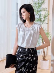 WANGGONGZHU | Acetate Short Sleeve Womens Shirt Summer Thin New French Satin Fashion Bead Design Sense Small Audience Commute Style Simple Straight Cut