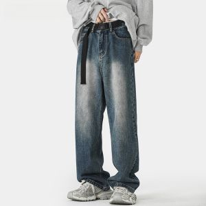 HetingHOME | Hetinghome Gradient Straight Leg Jeans With Belt For Men Youth Trendy Loose Fit Jeans Couple Matching Long Pants Cotton Blend