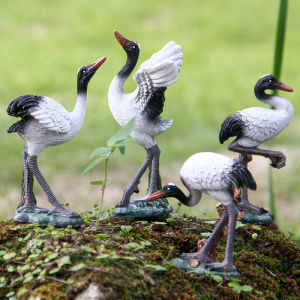 Miniature Simulated Crane Bonsai Decoration Animal Landscape Waterfall Fake Mountain Fish Pond Accessory Resin Craft Home Decor