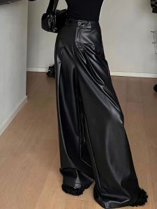Elegant High Waist PU Leather Wide Leg Pants Womens Black Casual Fashionable Versatile Autumn 2024 plus Size Straight Cut