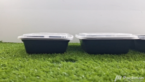 Packman Bento Box with Lids Clear Disposable Plastic 2-Compartment Rectangular Lunch Box Leakage Proof Black and Clear Stacked with Food