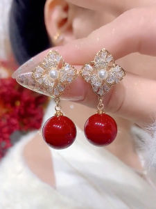 New Year Celebration Full Diamond Petal Red Bead Earrings Luxury Sensation Festive Jewelry Elegant Versatile Slimming Face
