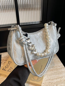 Elegant Silver Underarm Bag Womens Commuter Crossbody Bag Soft Handbag Korean Style Polyester Lining Zipper Closure