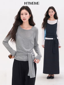 Womens Long Sleeve Crew Neck T-Shirt Strap Vest Two-Piece Set Base Layer Top Casual Style Comfortable Fabric Everyday Wear