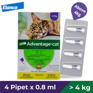 Bayer Advantage Cat Spot On /Flea Treament /Ubat Kutu Kucing S (0.4ml x 4 Pipet) OR M (0.8ml x 4 Pipet) 宠物猫除蚤滴液