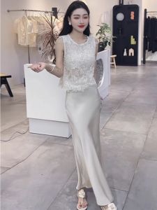 Lace Sleeveless Top and Midi Skirt Two-Piece Summer Outfit for Women Casual Easy Breathable Pullover Crewneck Design