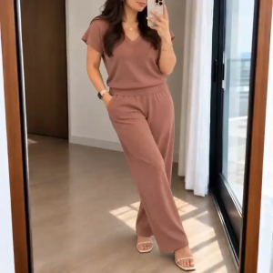 WOMENS COTTON RIBBED KNIT SET V NECK TOP AND LONG PANTS 2 PIECE LOUNGEWEAR CO ORD SET S-L XL-3XL