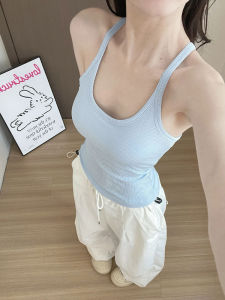 Blue Neck Hanging Strap Vest Womens Spring Autumn Inner Wear 2025 New Style with Chest Pad Slim Fit Outerwear Base Shirt