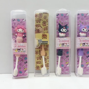 Cute Kids Toothbrush with Storage Case Soft Bristles Travel School Easy Grip Handle Kuromi My Melody Capybara Children