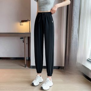 LANGPIN | กางเกงกีฬาผ้าไหมน้ำแข็งสำหรับผู้หญิงในช่วงฤดูร้อนบางเฉียบ 2025 กางเกงขายาวทรงหลวมสบาย ๆ แห้งเร็ว ทรงฮาราจูกุ