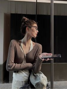 CHOEFULYN | Elegant Brown Off-Shoulder Knit Sweater for Women