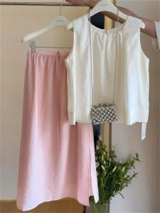 Summer Suit Womens Elegant Wear a Set of Fancy Sleeveless Jacket Pink Skirt Denim Casual Young Two-piece Set