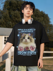 Áo Thun Cotton American Oversize Mùa Hè in Hình Mèo Vui Nhộn Cho Cặp Đôi Nam Nữ Cỡ Lớn Cotton Nguyên Chất Tay Ngắn Phong Cách Mỹ