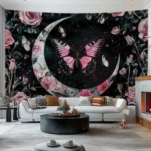 VIKAMA Hoa Hồng Hồng Pha Trăng Giai Đoạn Thảm Bohemian Hippie Thẩm Mỹ Treo Tường Phòng Khách Phòng Ngủ Trang Trí Ký Túc Xá Polyester Không Dệt
