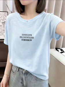 V.C.I | Light Blue Bamboo Fiber Icy Silk Short Sleeve Summer New Arrival Letter Print T-Shirt