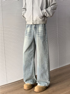 Retro American Washed Mens Jeans Draped Straight Loose Leggings Autumn Spring High Waist Denim Pants Youth Casual Straight Leg