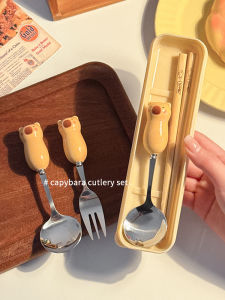 Cute Capybara Portable Stainless Steel Chopsticks Spoon Set Three-Piece Dining Utensil Box for Office Workers And Primary School Students