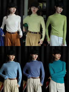 เสื้อชั้นในถักคอสูงหลายสีสัน สไตล์ฤดูใบไม้ร่วง ทรงเข้ารูป เสื้อยืดแฟชั่นสำหรับผู้หญิง แขนยาว ปกติ คอวี ปกติ