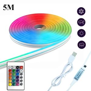 Smart RGB Neon Light 5V USB 1-5m Music Sync Dimmable LED Strip Bluetooth App Remote Silicone Rope Light for Gaming Room Decor