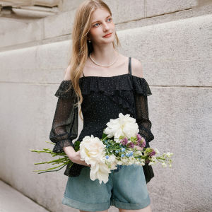 XIANGYING | French Off-shoulder Polka Dot Thin Blouse