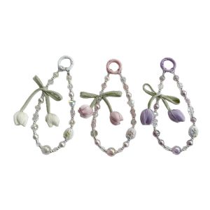 Móc điện thoại di động hoa tulip thời trang và thanh lịch Móc chìa khóa xe ô tô ngọc trai pha lê trang trí túi hợp kim vẽ tay