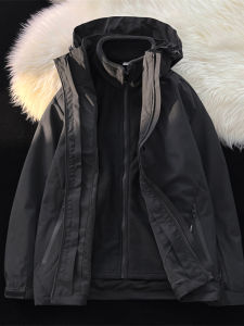 Black Knight Fleece Lined Three-in-One Mens Jacket Spring Autumn American Style Functional Coat Detachable Inner Liner Hooded Zipper Closure Loose Fit