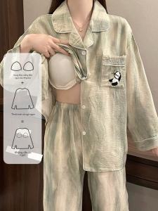 Panda Print ชุดนอน ชุด ผู้หญิง ผ้าฝ้าย เสื้อผ้าบ้านแขนยาว ฤดูใบไม้ผลิ ฤดูใบไม้ร่วง สไตล์พร้อมแผ่นรองหน้าอก Dye-Sublimation ดีไซน์