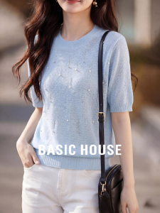 Basic House | Blue Round Neck Pearl Buttoned Short Sleeve Knitted Shirt High-end Casual Wear