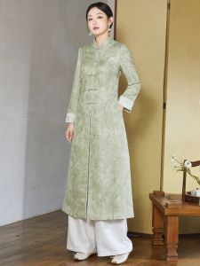 Autumn Fashion Set Womens Chinese Silk Top Coat Tang Costume Improved Qipao Skirt Two-Piece Long Sleeve Button-Up Long Pants