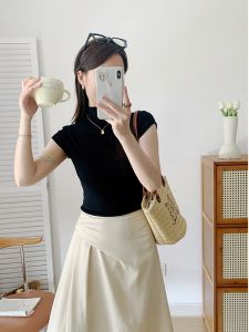Áo Thun Nữ Màu Đen Ôm Vừa Vặn UVPU Mùa Hè 2024 Áo Thun Tay Ngắn Dáng Ôm Cổ Đứng Thường Ngày Chất Liệu Polyester