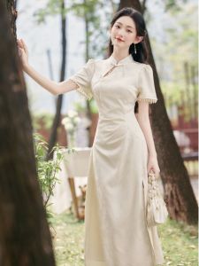 Elegant Young Girls New Chinese Style National Trend Flag Dress High End Long Sleeve Short Sleeve Pure Color Polyester Fiber