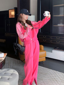 Spring Fashion Color Block Casual Sportswear Set Womens Hooded Open Cardigan Sweatshirt Jacket Split Long Pants Two Piece Set