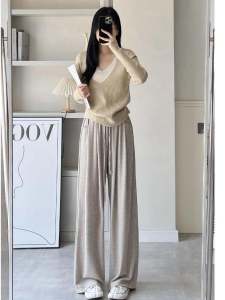 Quần Ống Rộng Màu Xám Cho Nữ 2025 Xuân Thu Cạp Cao Dáng Rộng Dài Đến Sàn Quần Dệt Kim Kiểu Dáng Thẳng Thoải Mái