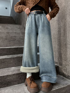 กางเกงยีนส์ขากว้างผู้หญิง ฤดูใบไม้ร่วง/ฤดูหนาว กางเกงขายาวเอวสูง ผ้ากำมะหยี่ผสมโพลีเอสเตอร์ กางเกงขายาวทรงหลวม
