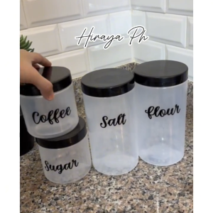 Hiraya Ph 3 Pcs Set 1000 ml Plastic Coffee Canister Clear White w/ Scooper & Waterproof Label Kitchen Container