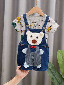 New Childrens Denim Overalls T-shirt Set Boys Girls Summer Clothes Cartoon Baby Shorts Three Piece Clothing Combination
