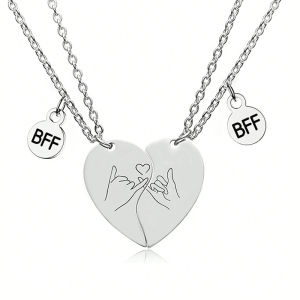 2 Pcs Pinky Promise Heart Pendant Couple Necklace Stainless Steel Necklaces For Best Friends BFF Jewelry Gifts