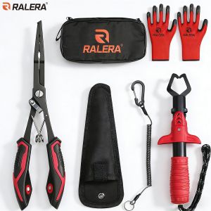 RALERA Fishing Set: Long-Handle Pliers Line Cutter Gripper Waterproof Gloves Lanyard & Portable Bag for All Anglers