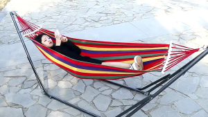 Full Set Portable Rainbow Hammock with Stand Outdoor Camping Swing Duyan Heavy Duty Hammock Includes Shelf and Storage Bag